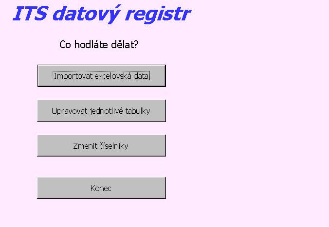 Základní funkce pro údržbu ITS datového registru Menu představuje úvodní okno hlavních funkcí údržby ITS datového registru: 1.