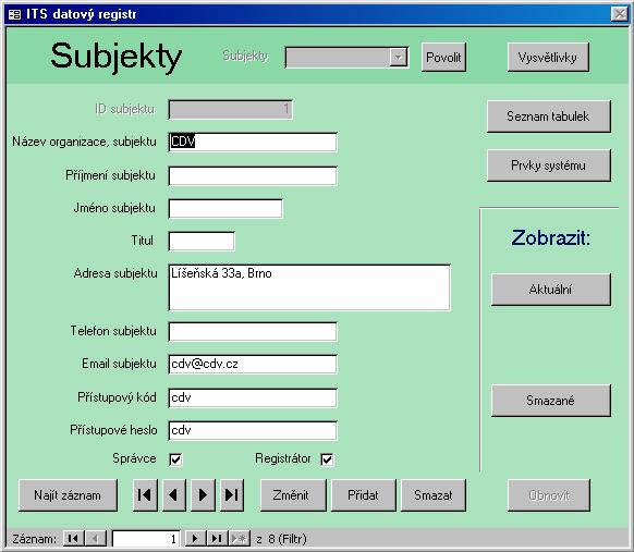 Subjekty, přístupová práva Tabulka obsahuje informace jak o poskytovatelích metadat, tak o správci a registrátorovi. Pro každý subjekt je zde uveden název organizace a úroveň přístupových práv.