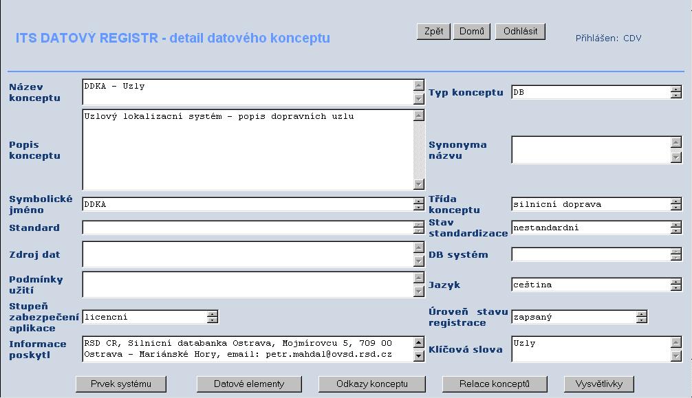 Detail datového konceptu Na této obrazovce jsou zobrazeny všechny informace o jednom datovém konceptu.