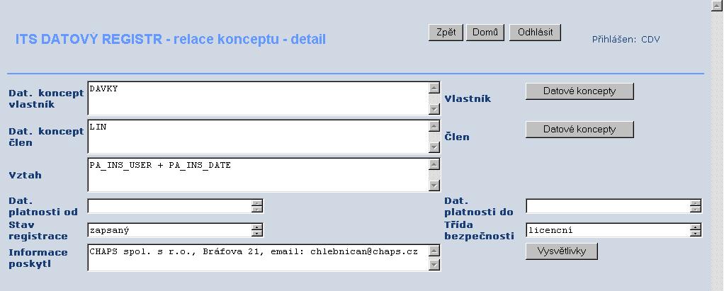 Detail relace datového konceptu Na této obrazovce jsou zobrazeny všechny informace o jedné relaci datového konceptu.