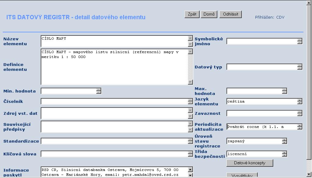 Detail datového elementu Na této obrazovce jsou zobrazeny všechny informace o jednom datovém elementu.