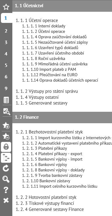 Strom činností Strom činností je zpracován v HTML formátu. Lišta v jeho levé části obsahuje jak ikony pro přístup do činností, tak ikony pro jednotlivé funkce stromu činností.