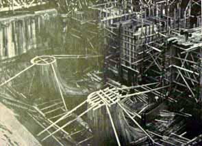 9 Hydroelectric power station Ladce: a) lock chamber, longitudinal section, b) cross section, c) concreting of foundations for turbines, d) concreting the helical spiral reinforcements and turbine