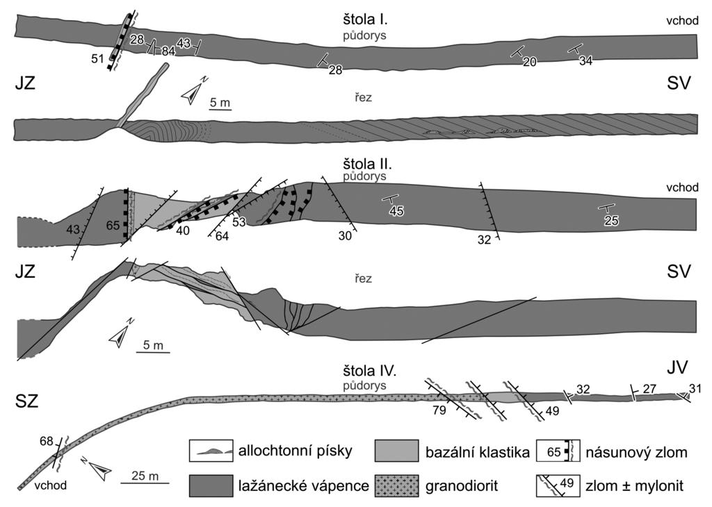 Obr. 2: Přehledné plánky a řezy třemi hlavními štolami. Lokalizace na obr. 1. Fig. 2: Schematic maps and cross-sections of three main adits. For localization see fig. 1. na vápencích Moravského krasu zachovány v reliktech.