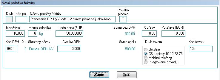 typ položky s prenesenou DPH.