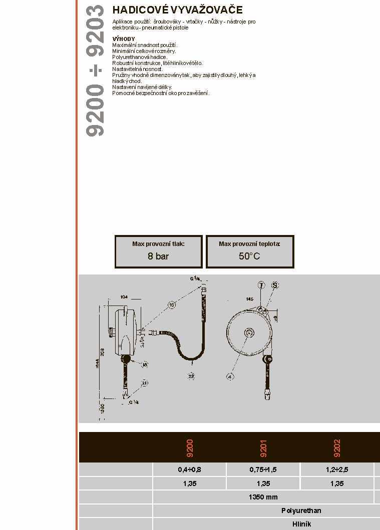 A 9200 9203 HADICOVÉ VYVAŽOVAČE Aplikace použití: šroubováky - vrtačky - nůžky - nástroje pro elektroniku - pneumatické pistole VÝHODY Maximální snadnost použití. Minimální celkové rozměry.
