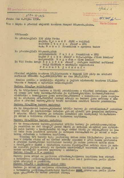 136 1956, 4. říjen, Praha Zápis o předání kasáren 17. listopadu 80.