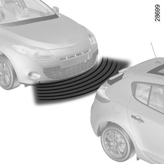 POMOCNÝ PARKOVACÍ SYSTÉM (1/3) Funkční princip Ultrazvukové snímače umístěné (podle vybavení vozidla) v předním a/nebo zadním nárazníku vozidla, měří vzdálenost mezi vozidlem a překážkou.