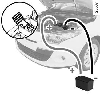 AKUMULÁTOR: odstranění poruchy (2/2) Spouštění motoru akumulátorem z jiného vozidla Pokud pro spuštění motoru musíte použít akumulátor jiného vozidla, obstarejte si vhodné elektrické kabely (velký