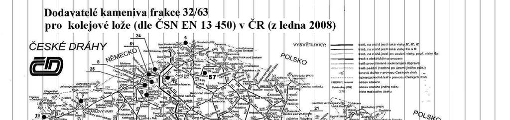 Obrázek č.15: Dodavatelé kameniva frakce 32/63 pro kolejová lože dle ČSN EN 13 450 (01/2009) v ČR d) Z obrázku č.