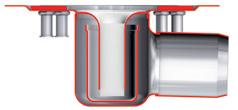 napojení hydroizolace Průtok: 0,8 l/s (pro 20 mm vodního sloupce na podlaze, podle DIN EN 1253) 0,4 l/s (bez vodního sloupce na podlaze) Odtoková trubka kompatibilní se standardním hrdlovým potrubím