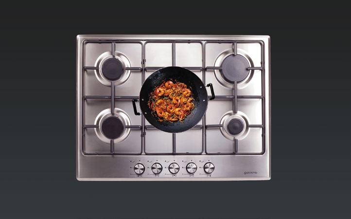 Levý přední střední hořák 1,78 kw Prostřední WOK hořák 3,6 kw Pravý zadní velký hořák 3 kw Pravý přední malý hořák 0,88 kw Litinová mřížka Litinový hořák WOK Bezpečnostní automatické vypínání