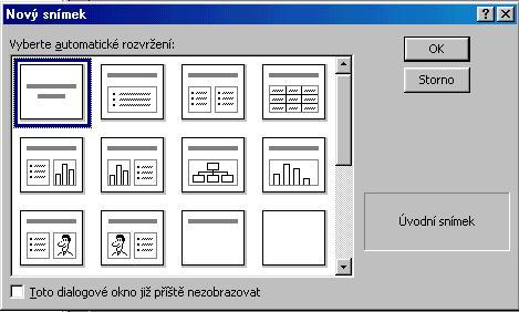 Vytvorenie novej prezentácie (Verzia 2000) 1. Na paneli nástrojov Standardní kliknite na tlačidlo Nový a vyberte rozvrhnutie úvodného snímku. 2. Napíšte nadpis úvodného snímku a ďalší požadovaný obsah.
