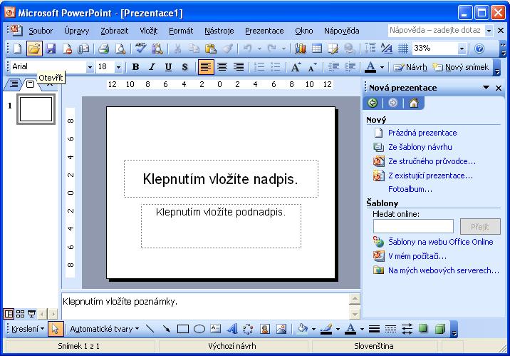 Úvod Programový prostriedok PowerPoint (ďalej PP) slúži na rýchlu prípravu prezentácie s plným využitím multimediálnych schopností súčasných počítačov.