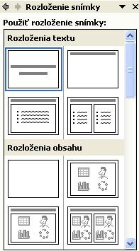 Ďalšie snímky vkladáme pomocou tlačidla Nová snímka z ponuky nástrojov alebo z hlavnej ponuky Vložiť Nová snímka. Pracovná tabla v pravej časti sa zmení na Rozloženie snímky.