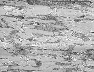 Z uvedeného obrázku vpravo je zrejmé i zbrzdení radiálního toku pechovníkem. Obr.5 Povrchová vrstva dríku- C, zvetšení ~130x Fig.