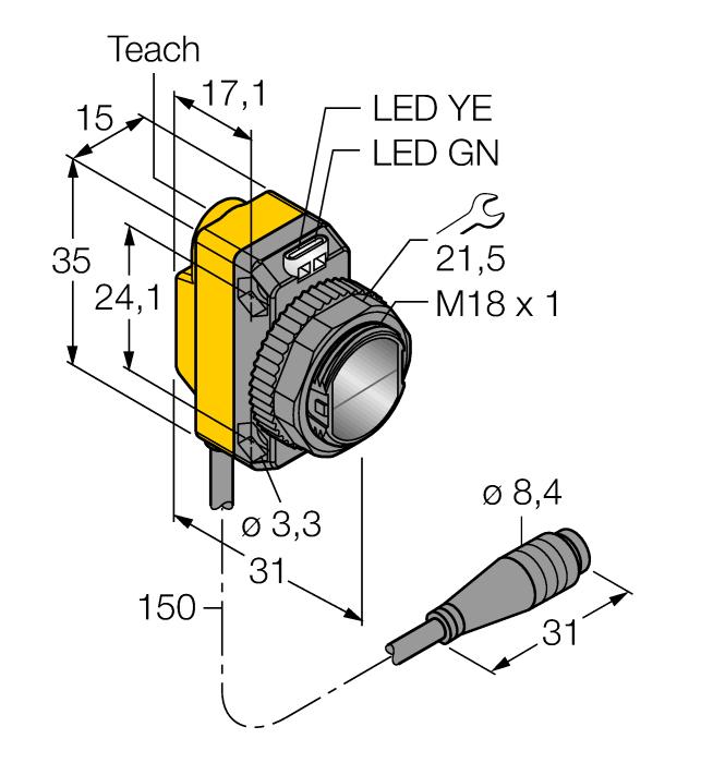 přenos procesní hodnoty a nastavení pomocí IO-Link 150mm PVC kabel s 4pinovým konektorem M8 x 1 stupeň krytí IP67 dobře viditelné LED koaxiální optika nastavení citlivosti Teach tlačítkem napájecí