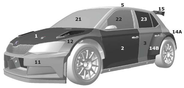 Držáky: dle čl. 253.16 př. J (příčníky mezi prahem a tunelem + úhelník z hliníkové slitiny o min. tl. 5 mm nebo z oceli o min. tl. 3 mm + 4 kotevní pevnostní šroubové spoje min.