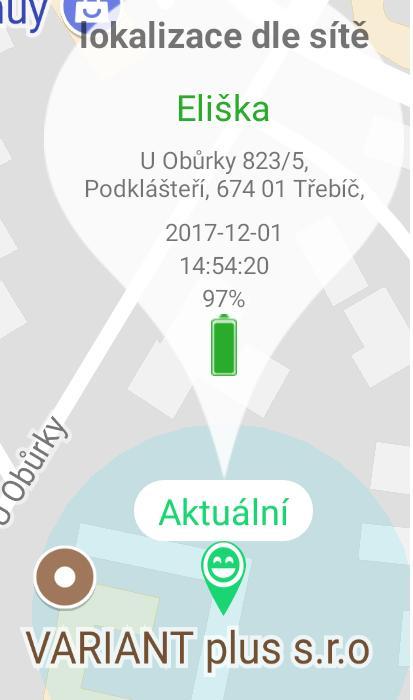 Detail zobrazení hodinek na mapě Způsob určení polohy (GSM/GPS/WiFi) Název hodinek Adresa lokalizace Datum a čas lokalizace Stav baterie hodinek Aktuální =