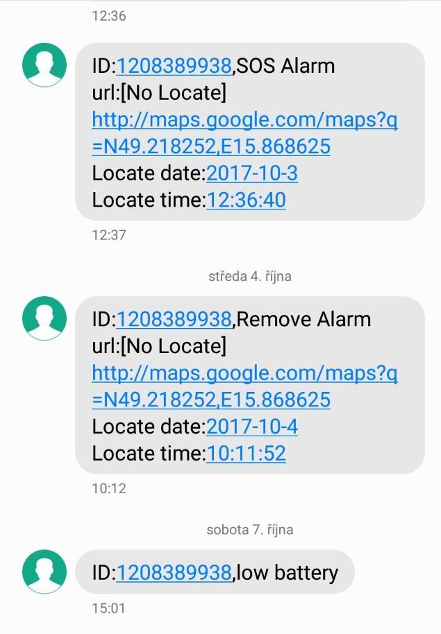 SMS upozornění Pokud v nastavení povolíte zasílání varovných SMS mají následující podobu: Upozornění na stisknutí SOS tlačítka ID: identifikační číslo hodinek SOS Alarm: druh upozornění SOS tlačítko