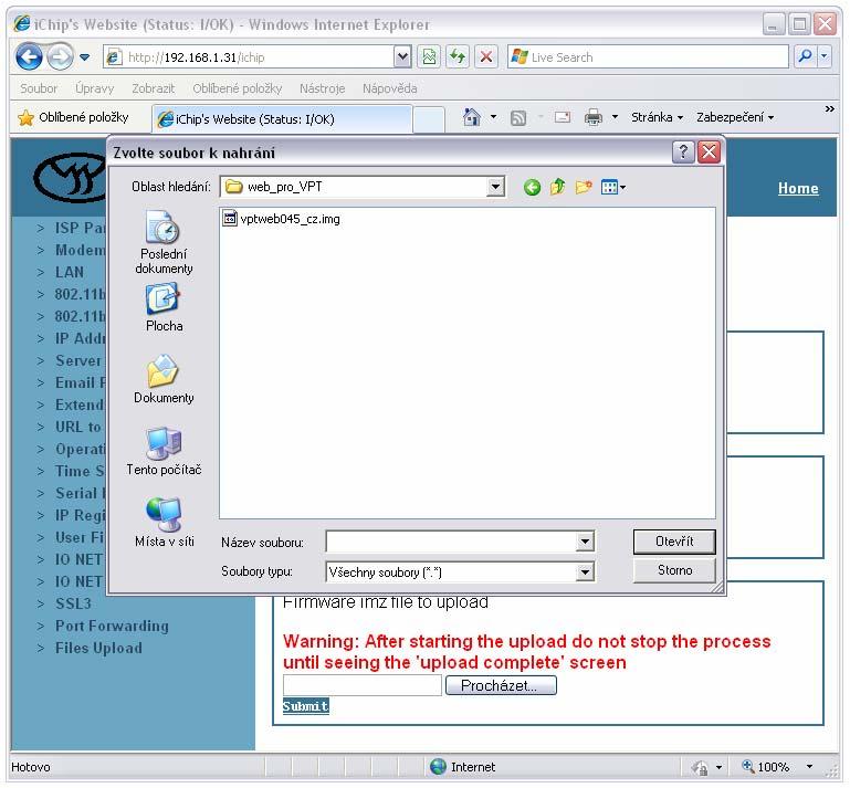 V horní sekci Website to upload stiskněte tlačítko Procházet a vyberte