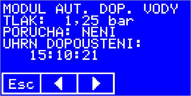 Pokud je k regulátoru připojen modul automatického dopouštění vody VPTADS, je možné dalším stiskem šipky doprava přejít na obrazovku s údaji načtenými z něj: Informace poruchách a