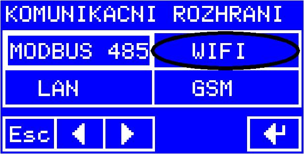 4. vyberte volbu WIFI potvrdíte ji stiskem Enter Nastavení IP adresy Během nastavování typu komunikačního rozhraní podle minulé kapitoly jste se dostali na obrazovku pro nastavování IP adresy: IP