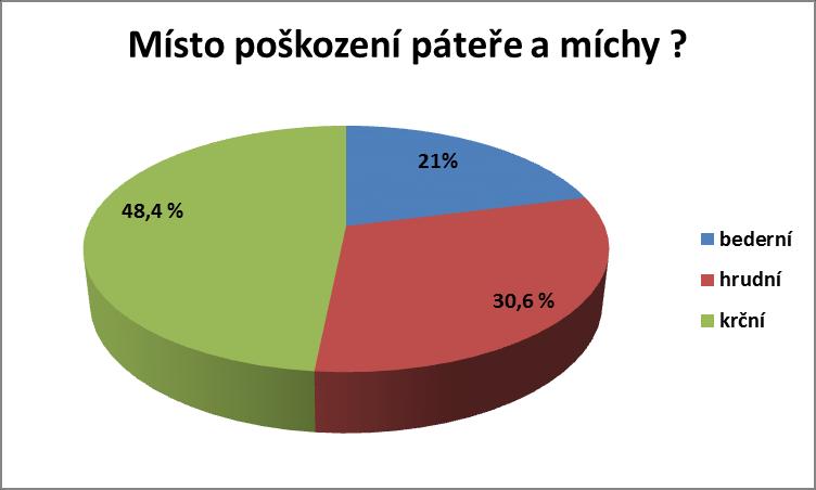 Oblast poškození páteře a míchy Nejčastější oblastí poškození páteře a míchy byla oblast krční páteře (30 respondentů), nejméně pak oblast bederní páteře (13 respondentů). Tabulka č.