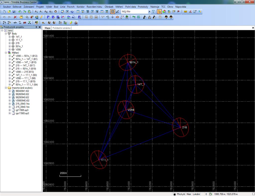 Obr. 21 Pracovní prostředí programu Trimble Business Center Zdroj: vlastní zpracování Protože na bodě 215 bylo současně s GNSS observací také měřeno terestricky, tak bylo provedeno společné vyrovnání
