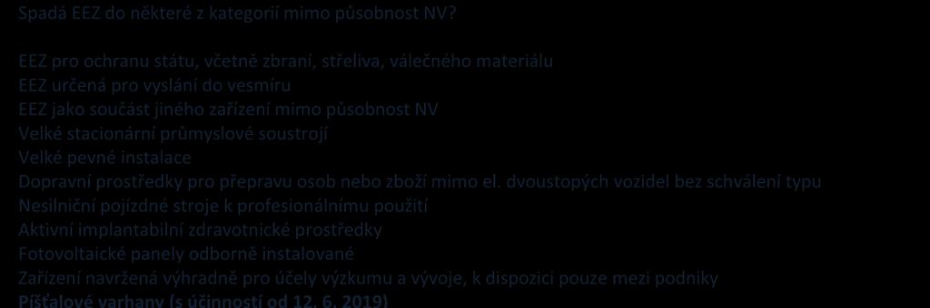 a) Velké a malé spotřebiče pro domácnost b) Zařízení informačních technologií a telekomunikační zařízení c) Spotřební elektronika d) Osvětlovací zařízení e) Elektrické a elektronické nástroje f)
