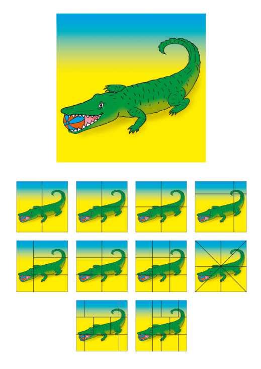 POPIS HRY Hra obsahuje třicet dřevěných skládaček uspořádaných podle vývojových posloupností, tedy 10 různě dělených obrázků krokodýla, hada a netopýra.