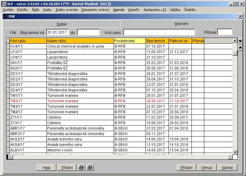 Generování Ročního programu účasti v EHK kod_cyklu naz_cyklu poskytov odp_prac stoptermin tstoptermi HM1/17 Hormonbestimmungen Gruppe 1 B-RFB Bartoš Vladimír 28-Jan-17 20170128 HP1/17