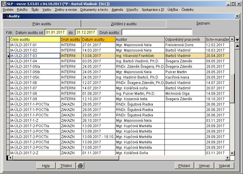Filtrem lze rozdělit na seznam všech uskutečněných nebo plánovaných IA K dispozici pro čtení pro všechny zaměstnance Součástí evidence zákaznických auditů Nelze využít