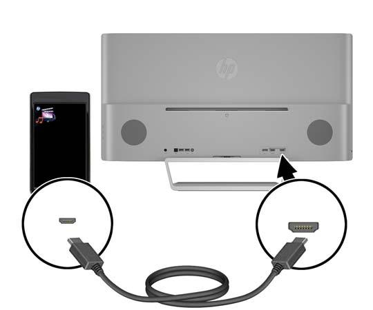 Kabelem MHL propojte konektor HDMI MHL na zadní straně monitoru a konektor mikro USB na zdrojovém zařízení s podporou standardu MHL, například s chytrým telefonem nebo tabletem, abyste mohli obsah z