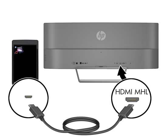 Kabelem MHL propojte port HDMI MHL na zadní straně monitoru a port mikro USB na zdrojovém zařízení s podporou standardu MHL, například s chytrým telefonem nebo tabletem, abyste mohli obsah z