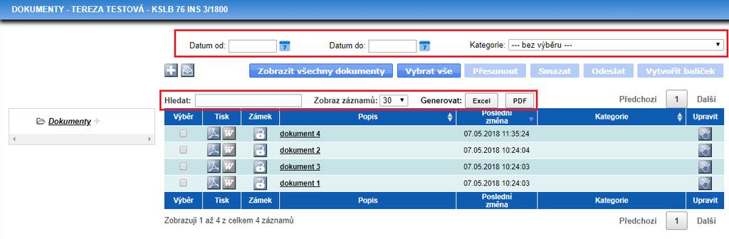 V horní části stránky máte k dispozici filtry, skrze které můžete zobrazit dokumenty, se kterými se pracovalo v určitém časovém rozsahu anebo které náleží do konkrétní kategorie.