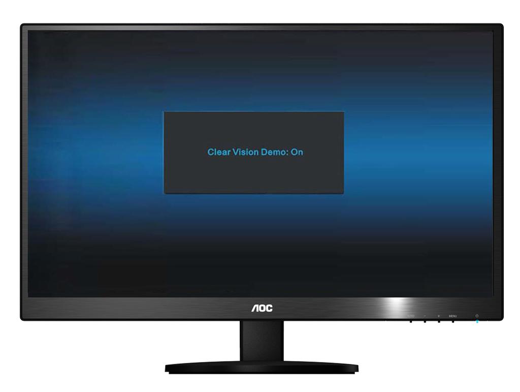 Clear Vision/- 1. Pokud není zobrazeno OSD menu, stiskem - aktivujte funkci Clear Vision 2. Stiskem + nebo - vyberte slabou, střední, silnou nebo žá dnou úpravu. Výchozí nastavení je vyp 3.