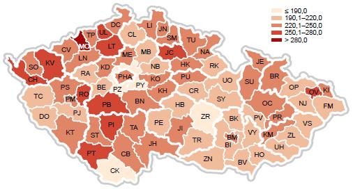 Úmrtnost na zhoubné novotvary (C00-C97) v okresech České republiky v období 20