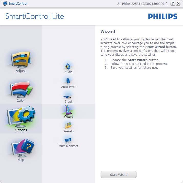 3. Optimalizace Obrazu První spuštění Wizard (Průvodce) Při prvním spuštění po instalaci přejde SmartControl Lite