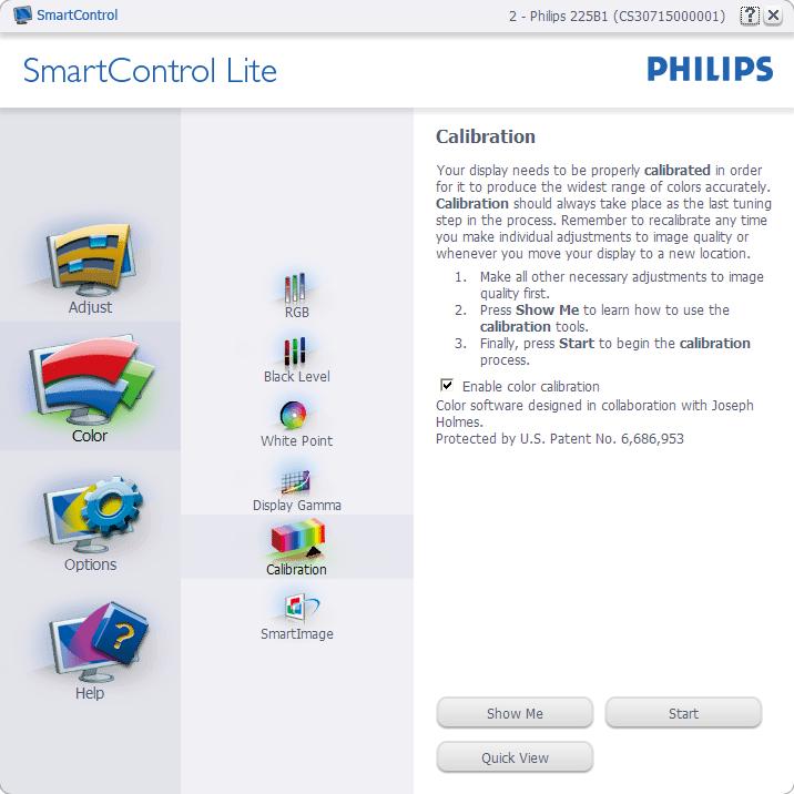 3. Optimalizace Obrazu Calibration Screen (Obrazovka kalibrace) první barvy: Tlačítko Previous (Předchozí) je deaktivováno až na obrazovku druhé barvy.