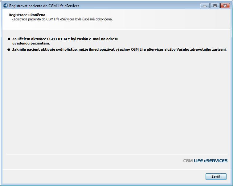 Poslední okno Vás již pouze informuje o zaslání aktivačního e-mailu pacientovi. Pacient za pomoci odkazu v e-mailu a vytištěných přístupových dat svůj účet aktivuje.