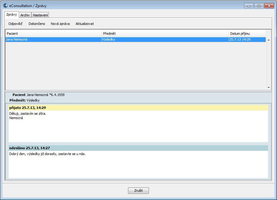 Příchozí zpráva od pacienta se vám zobrazí ve zpracování požadavků a po jejím otevření si ji můžete na záložce /Zprávy/ nejen přečíst, ale také na ní odpovědět tlačítkem [Odpověď], napsáním textu a