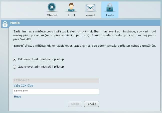 8.1.4. Heslo Zadáním hesla můžete povolit přístup k elektronickým službám nastavení administrace, aby k nim byl možný přístup zvenku (např.