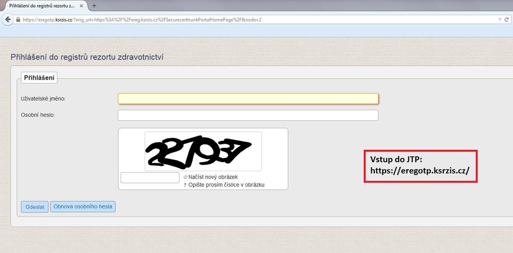 Obrázek 1 Přihlášení do registru uživatelské Dále je z důvodu ochrany pro přihlášení generován jednorázový přihlašovací kód.