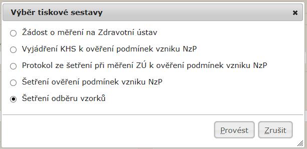 Obrázek 69 Výběr tiskové sestavy Následně tlačítkem Vzorky předány na SNZP předáme hlášení příslušnému Středisku NZP.