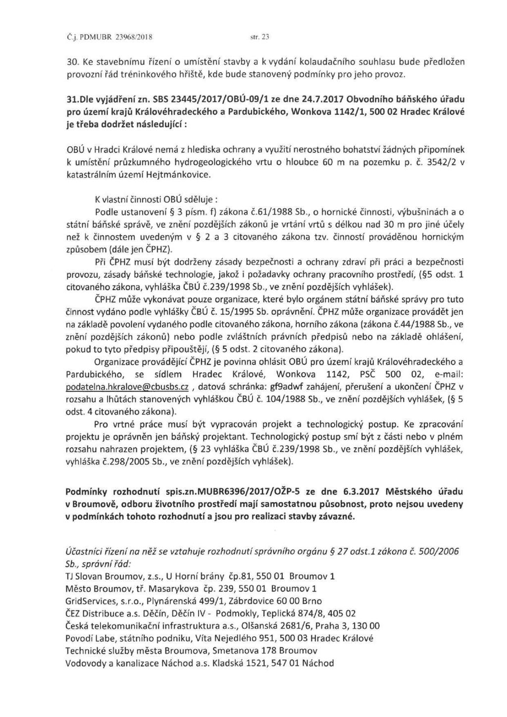 Č.j. PDMUBR 23968/2018 str. 23 30. Ke stavebnímu řízení o umístění stavby a k vydání kolaudačního souhlasu bude předložen provozní řád tréninkového hřiště, kde bude stanovený podmínky pro jeho provoz.