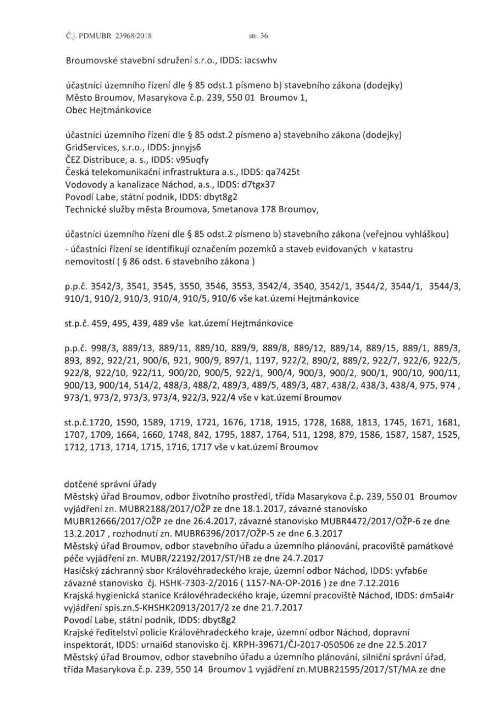 Č.j.PDMUBR 23968/2018 str. 36 Broumovske stavební sdružení s.r.o., IDDS: iacswhv účastníci územního řízení dle 85 odst.l pí