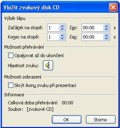 Poznámky 5.3 Prehrávanie stôp zvukového CD PowerPoint v priebehu prezentácie vyhľadá a prehrá určitú stopu zo zvukového CD alebo jej časť. Postup na výber zvuku z CD 1.