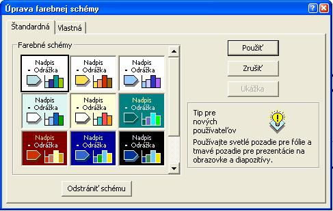 Obrázok 4 Riadkovanie 2 Práca s farbami a farebnými schémami Farebná schéma snímky je definovaná príslušnou šablónou návrhu, ktorá sa skladá z ôsmich farieb, definovaných aplikáciou PowerPoint, a