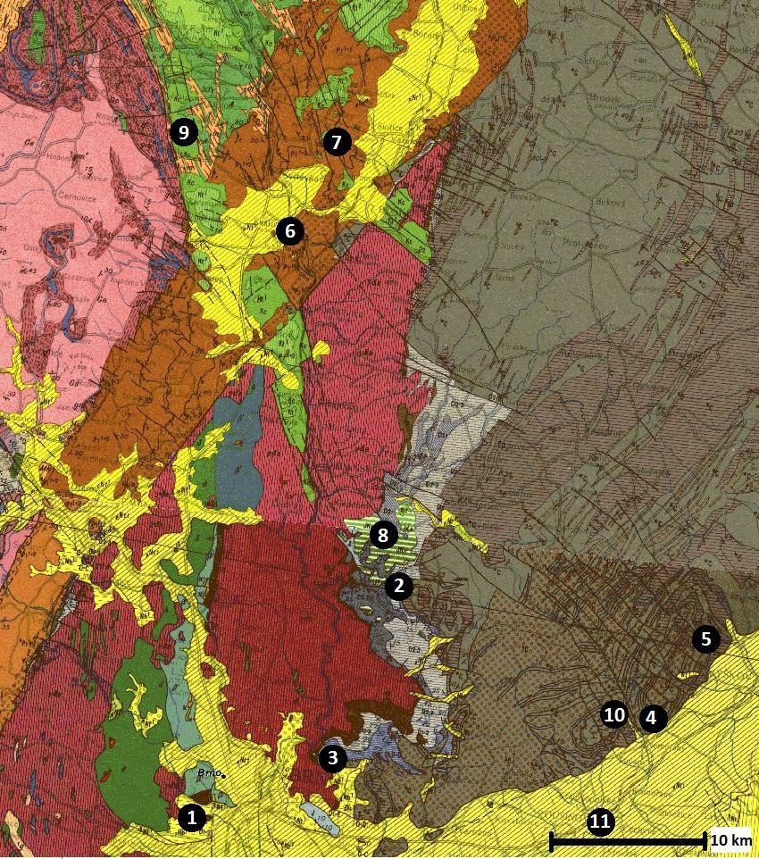 Příloha 1. Výřez z geologické mapy 1: 200 000 (Buday et al. 1973) s vyznačenými polohami popisovaných lokalit. 1. Brno Červený kopec 2. Josefov 3.